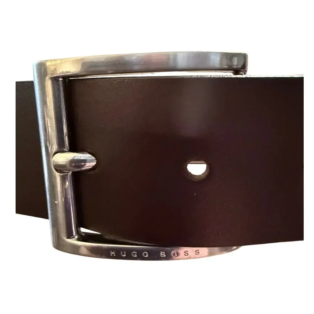 Hugo Boss Brown Genuine Leather Belt Silver Buckle Classic, Men's 33